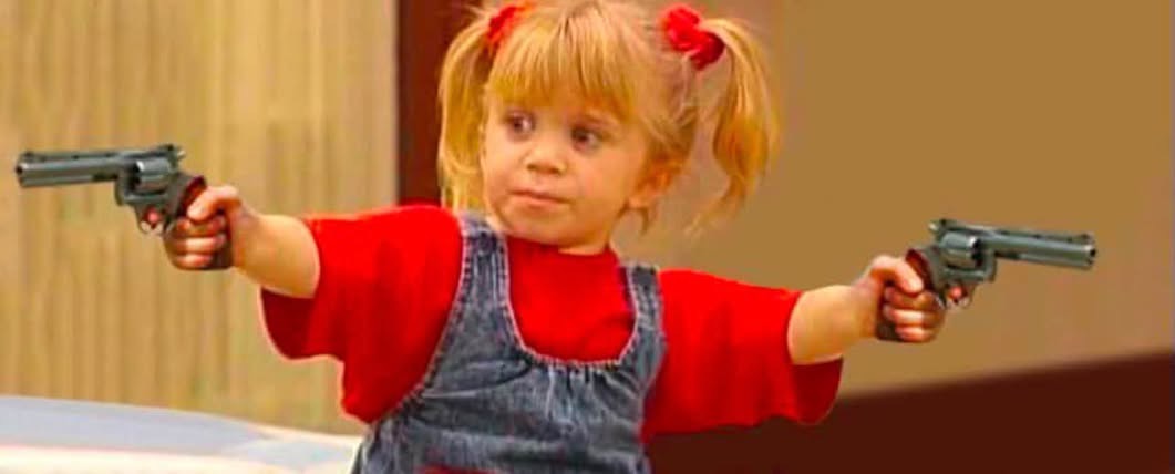 Full House Michelle Tanner with toy guns meme template — face swap your selfie into it with YouInMeme